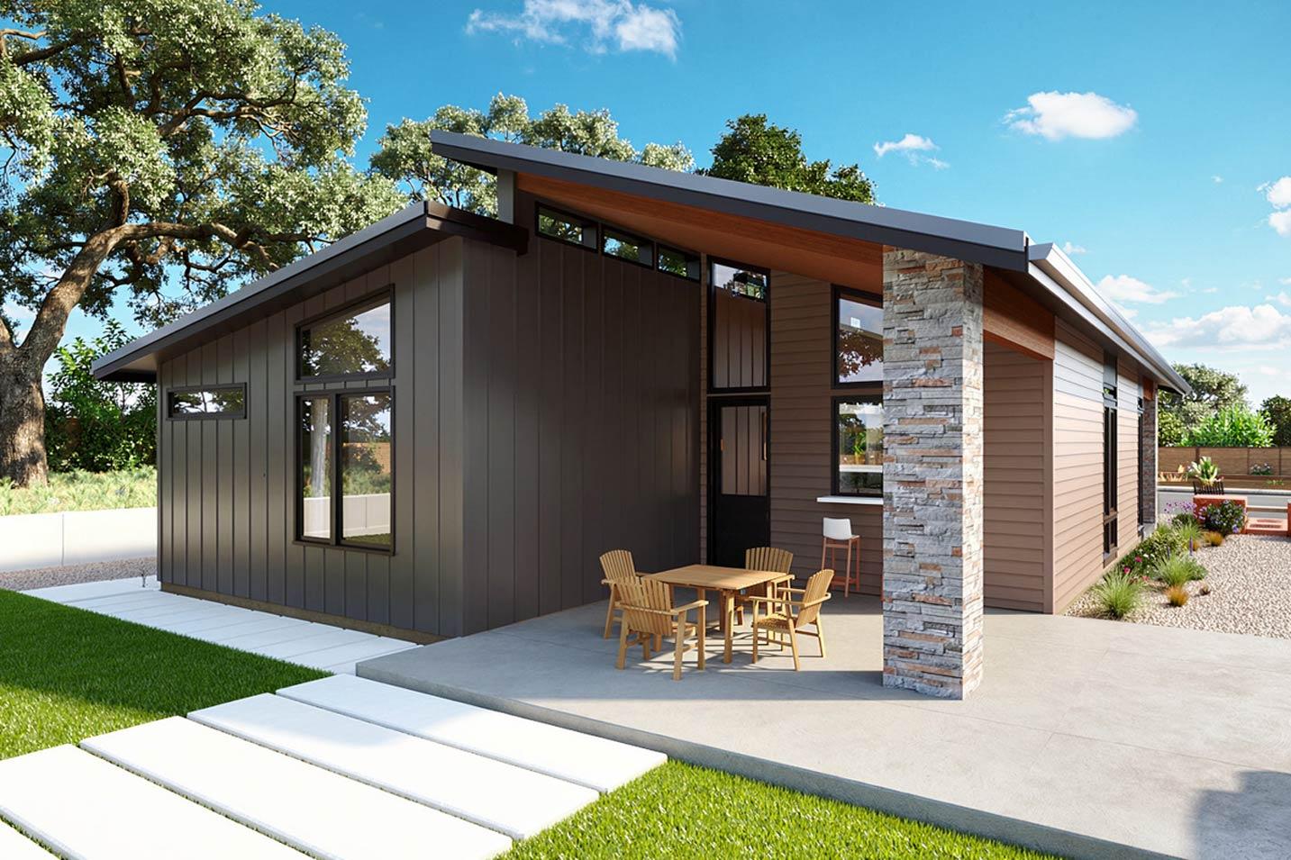Modern house plan exterior with a single story, asymmetrical roofline, vertical siding, stone accent pillar, and large windows.