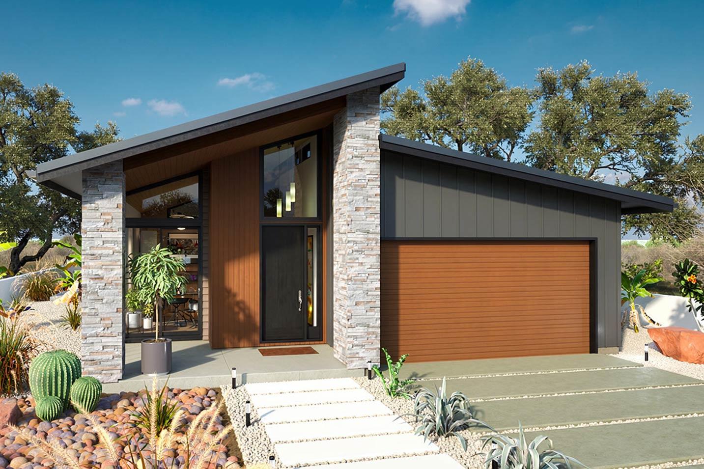 Modern house plan exterior with angled rooflines, stone accents, wood siding, and a two-car garage.