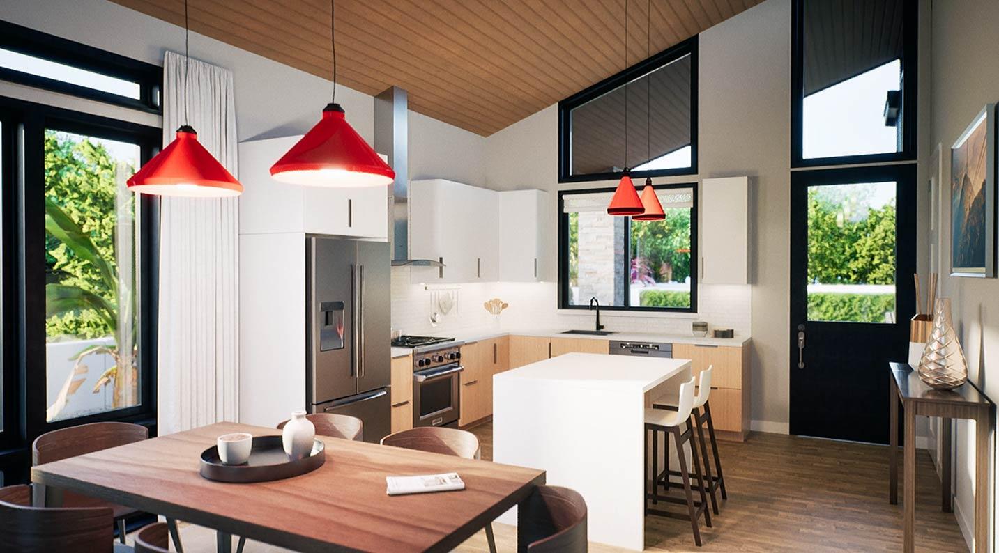 Modern kitchen and dining area with island, stainless steel appliances, and sloped ceiling with wood paneling.