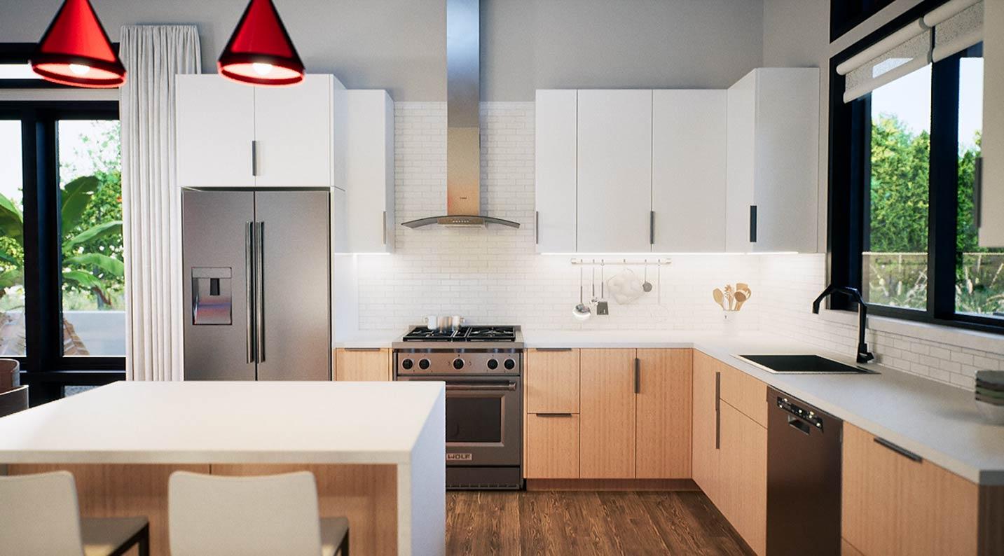 Modern kitchen with island, stainless steel appliances including a range with hood, white subway tile backsplash, and wood cabinetry.