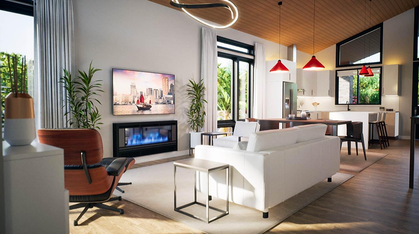 Open-concept living area with vaulted wood ceiling, fireplace, large windows, and a modern kitchen with island.