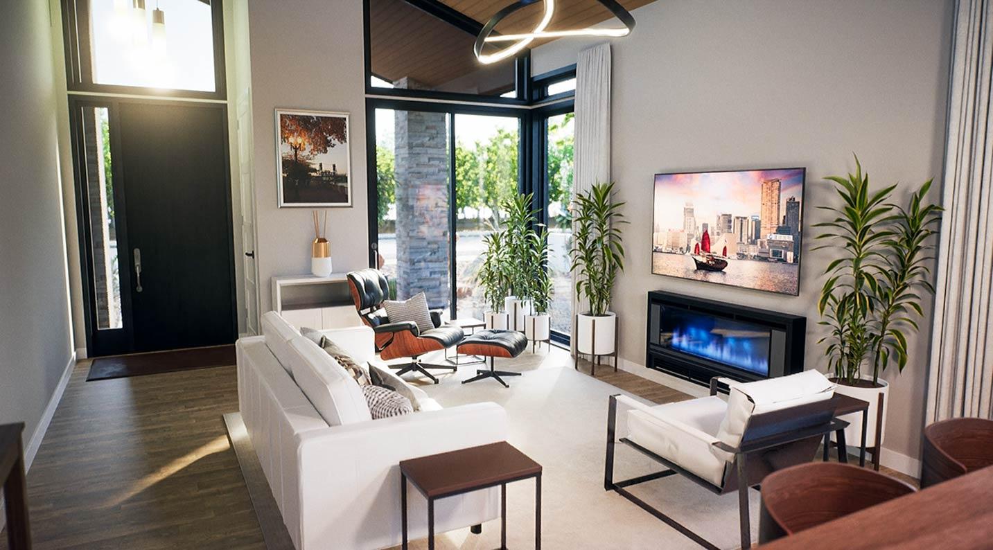 Contemporary living room with fireplace, large windows, modern furniture, and vaulted ceiling with unique light fixture.