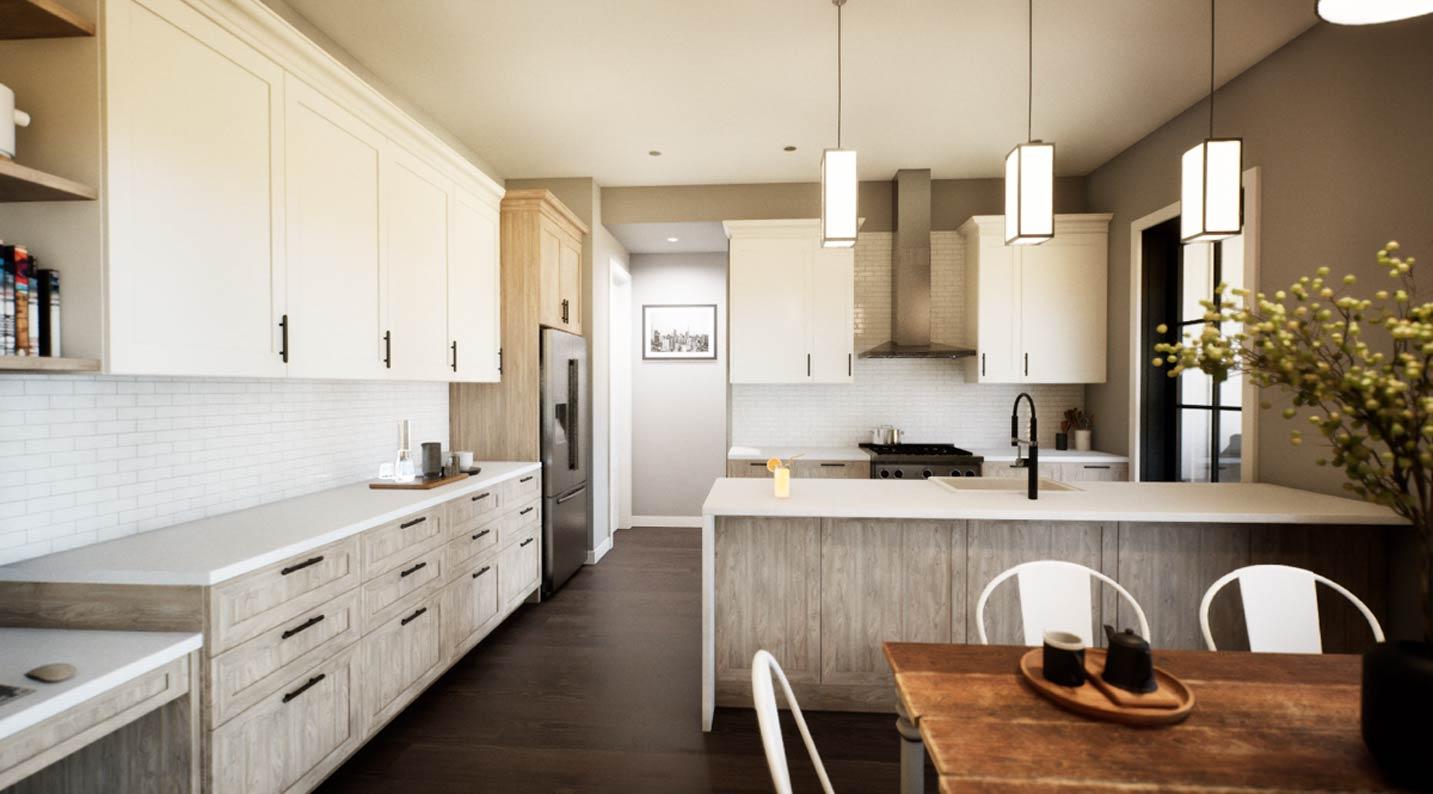 Kitchen rendering with white subway tile backsplash, wood island, stainless steel appliances, and pendant lighting.