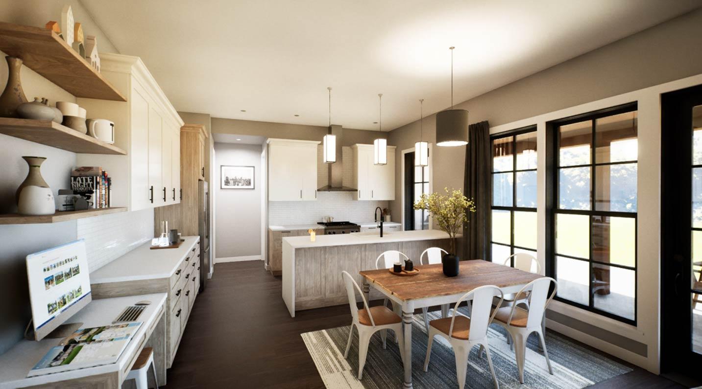 Open-concept kitchen and dining area with a large island, dining table, and view of large windows.