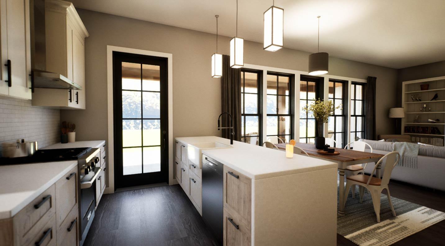 Kitchen and dining area with island, farmhouse sink, stainless steel appliances, and large windows.