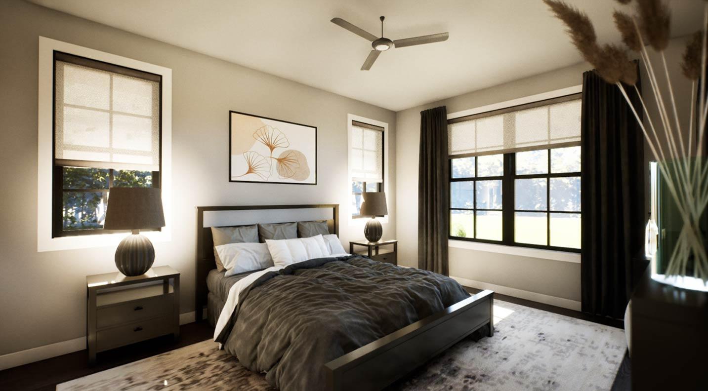 Primary bedroom with king-size bed, dual nightstands, ceiling fan, and large windows.