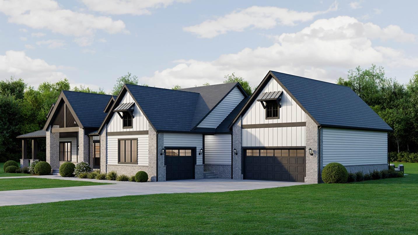 House plan exterior shows a Modern Farmhouse style with a dark hip roof, gables, and two garages.