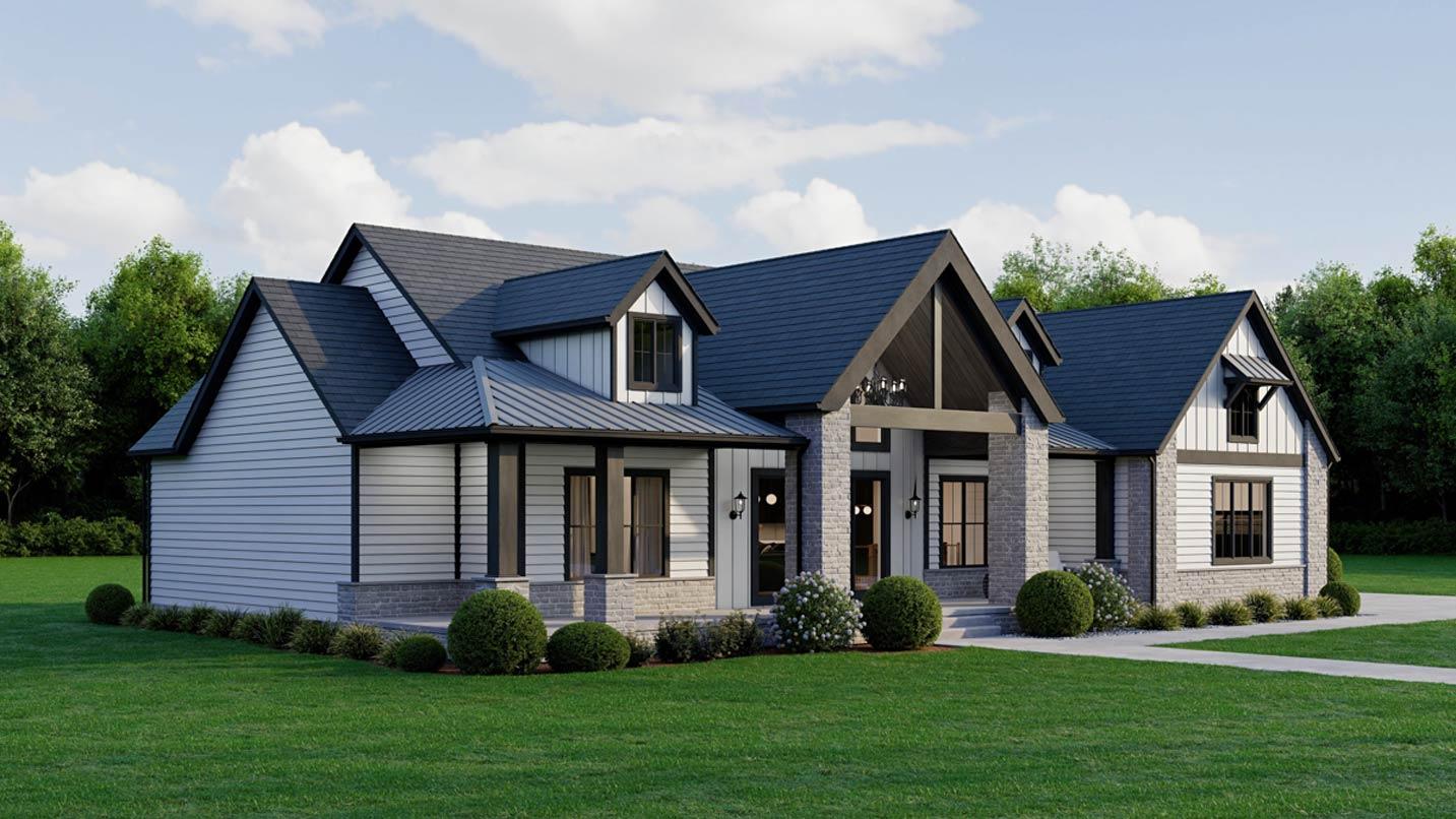 Modern Farmhouse house plan exterior with stone accents, gables, dormers, and a covered entry.