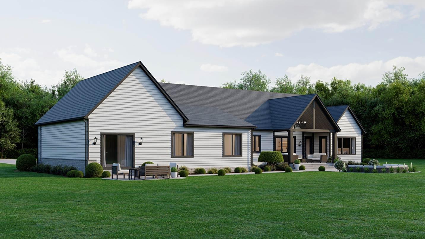 House plan exterior: Ranch style, single story, horizontal siding, gabled roof, and covered porch with exposed beams.