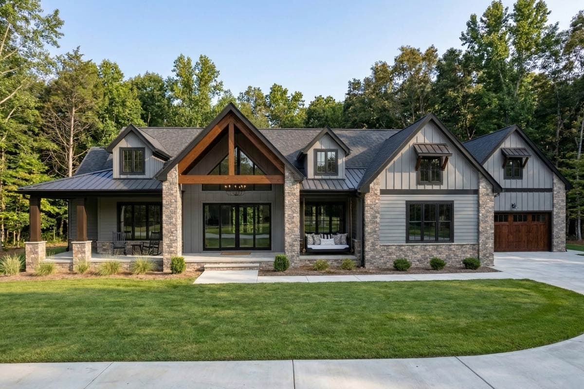 Modern Farmhouse house plan exterior with stone accents, a covered porch with wood beams, and a gable roof.