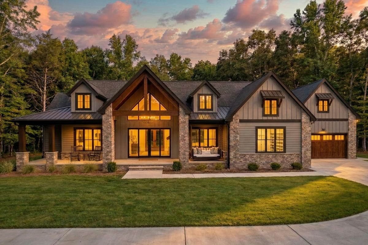 Modern Farmhouse house plan exterior with stone accents, gable rooflines, dormers, a covered porch, and a three-car garage.