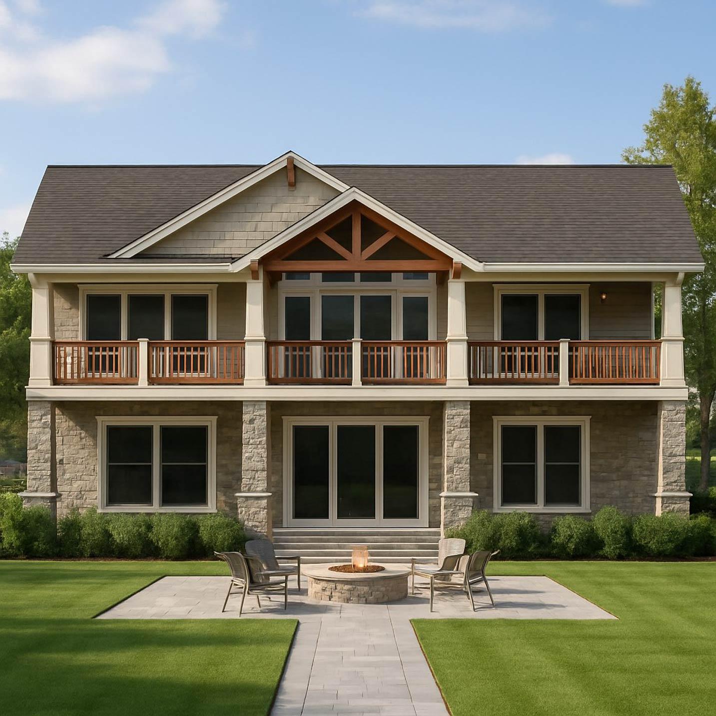 Two-story house plan exterior with stone and shingle siding, upper balcony, and exposed wood truss gable detail.