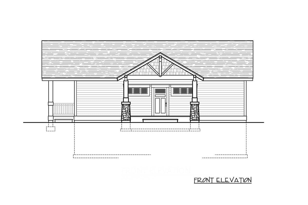 Front elevation drawing of a one-story house with a covered porch, gable roof, and stone-clad columns supporting the porch roof.