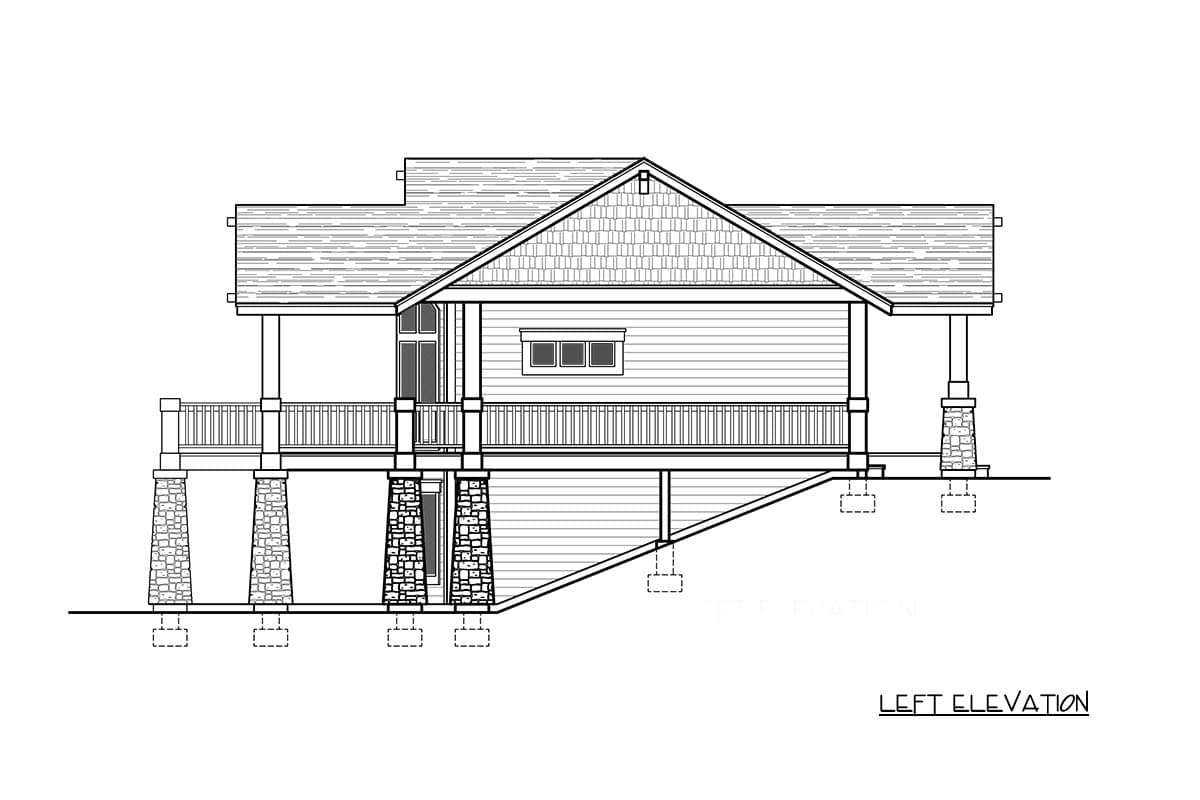 Left elevation drawing of house plan with stone-clad piers supporting a porch and main level.