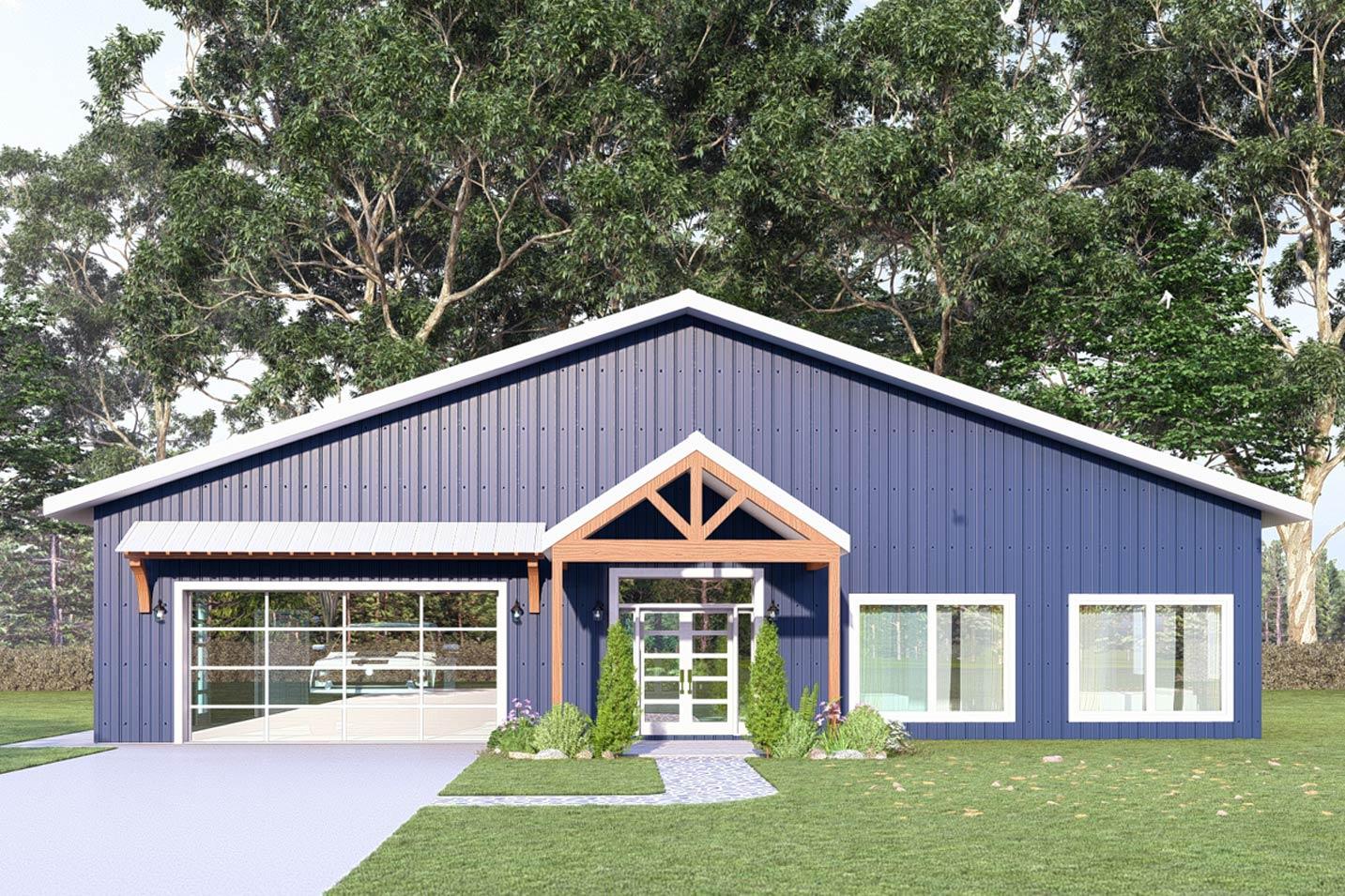 House plan exterior: single-story barn-style home with a metal roof, attached garage, and prominent gable entrance.