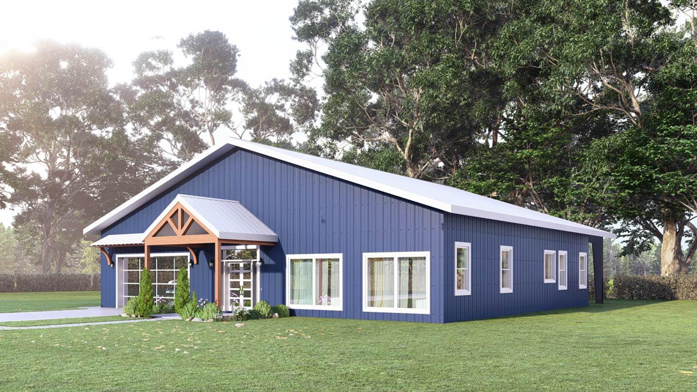 Modern house plan exterior with blue metal siding, pitched roof, prominent gable entry with wood accents, and multiple windows.