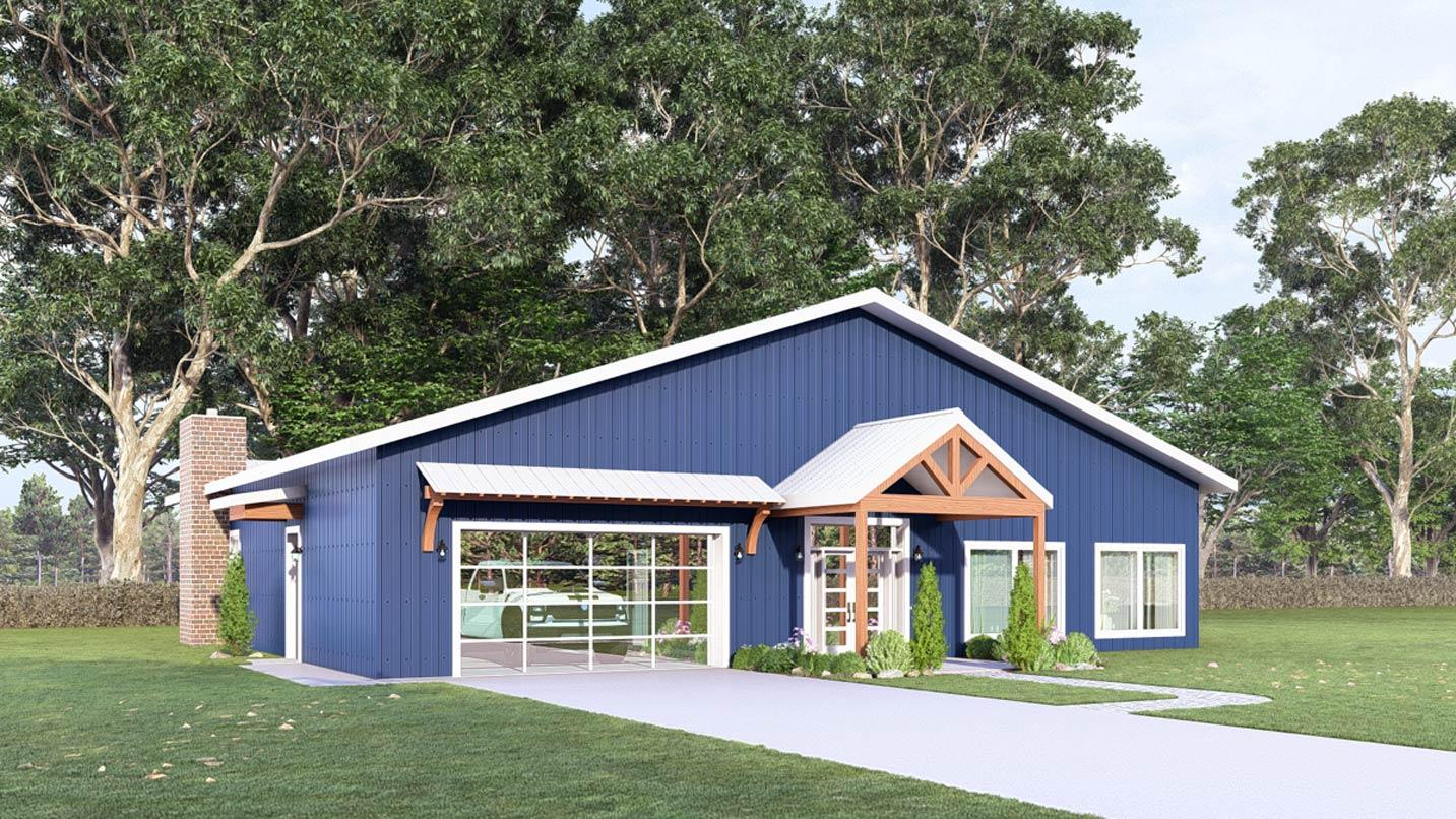House plan exterior of a single-story Modern Farmhouse with blue vertical siding, prominent gables, and a glass garage door.