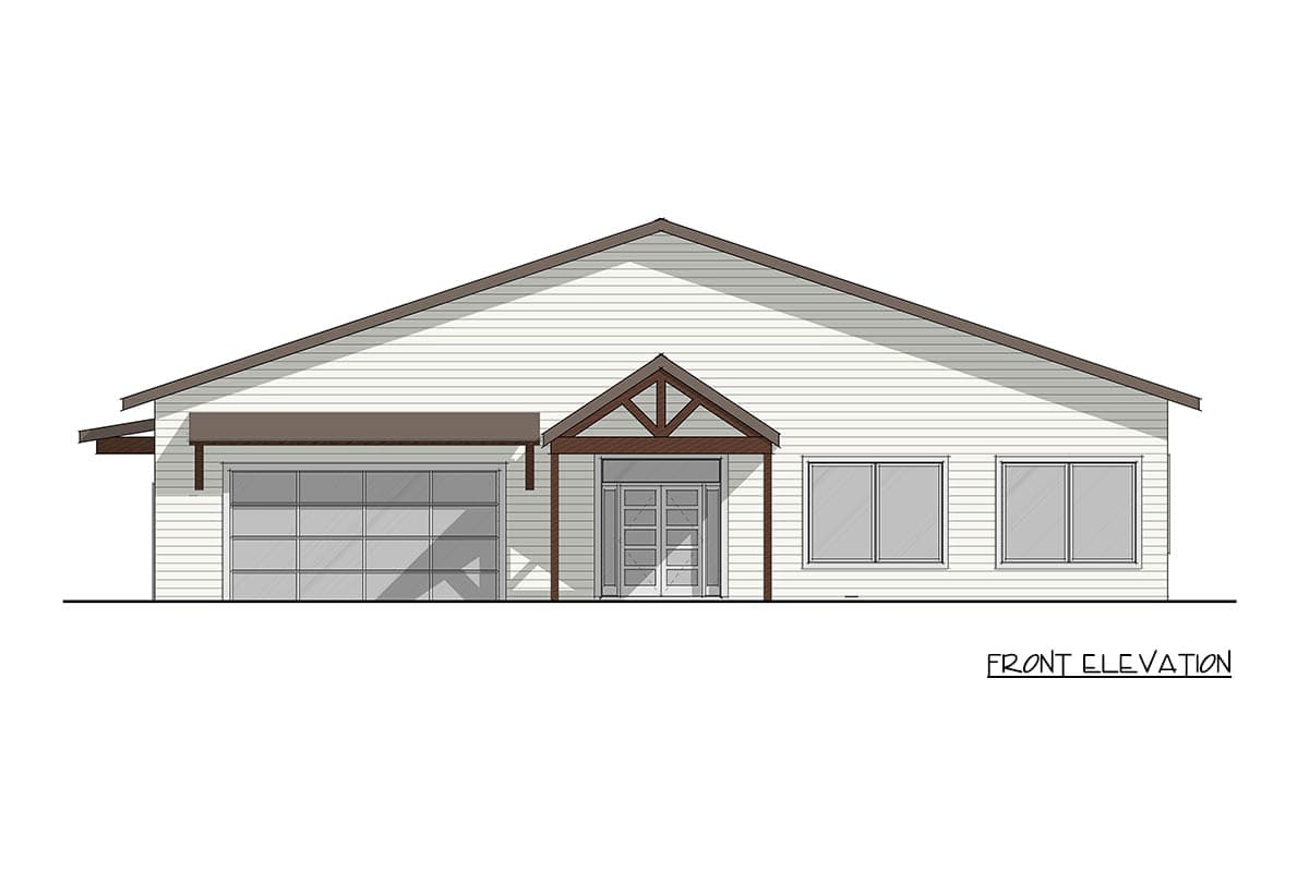 Front elevation drawing of a single-story house with a garage, covered entryway with exposed rafter tails, and horizontal siding.