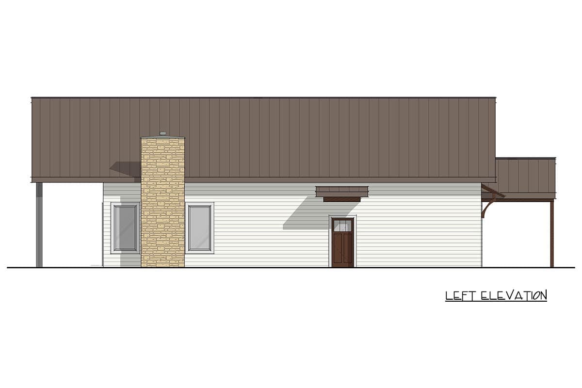 Left elevation house plan with stone chimney, two windows, and covered porch.