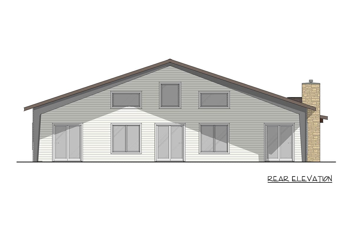 Rear elevation drawing of a house with horizontal siding, multiple windows, sliding doors, and a stone chimney.
