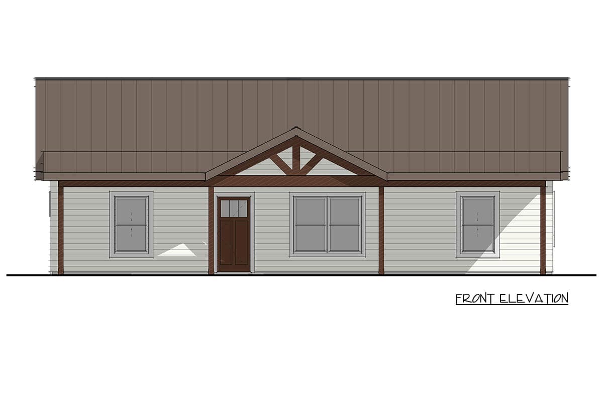 Front elevation drawing of a single-story house plan with a metal roof, prominent gable with exposed rafter tails, and double-hung windows.