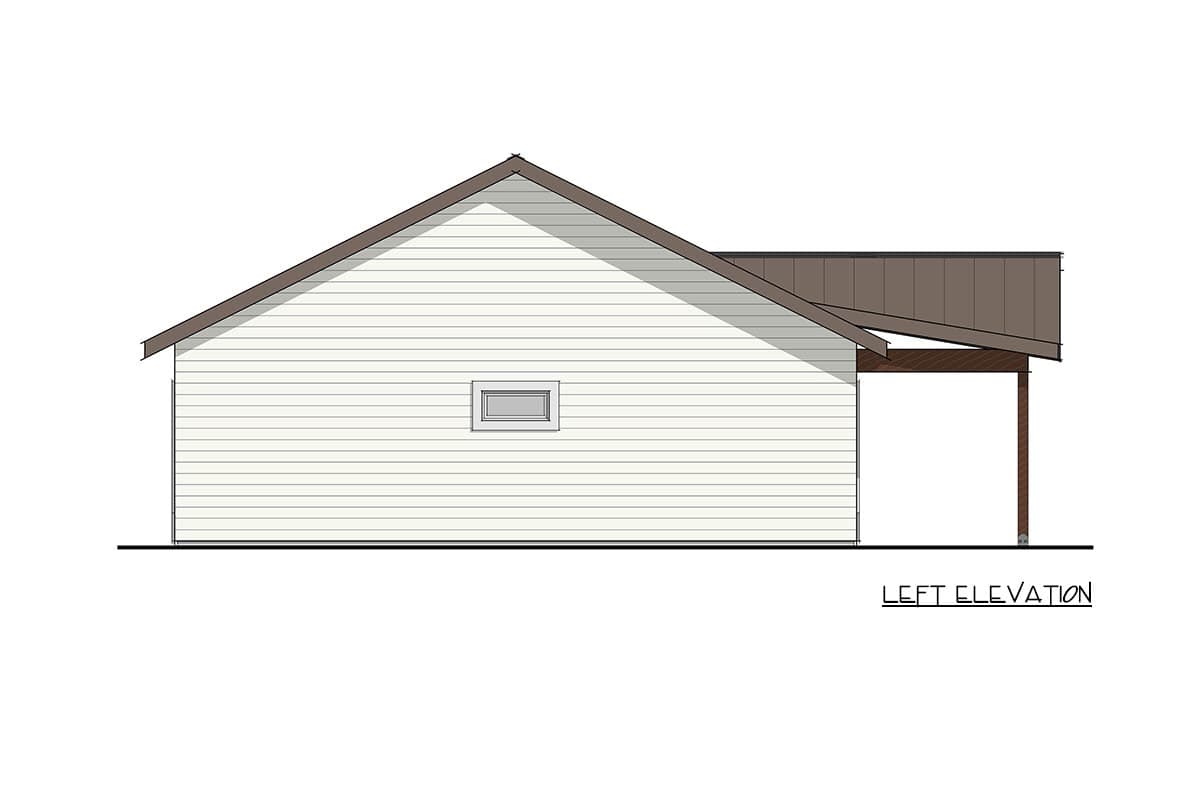 Left elevation drawing of a house plan with horizontal siding, a gabled roof, and a covered section with a support column.