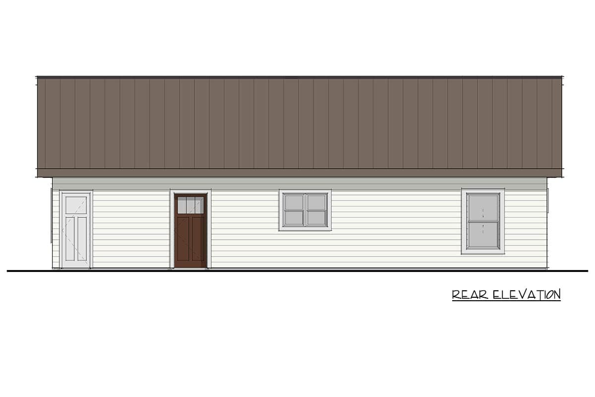 Rear elevation drawing of a house with white siding, a brown metal roof, two doors, and two windows.