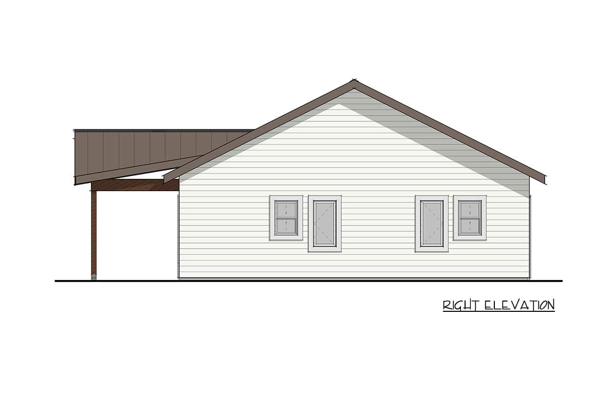 Right elevation of a one-story house plan with horizontal siding, a gable roof, and an attached carport.