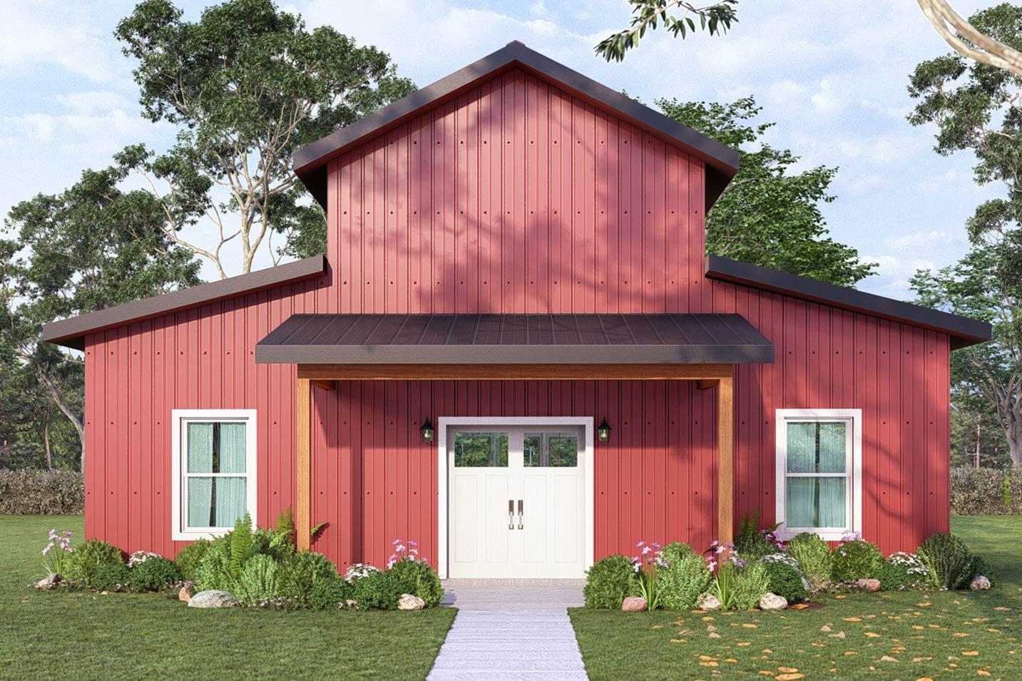 Modern farmhouse house plan exterior with vertical red siding, metal roof, covered entry, and double garage doors.