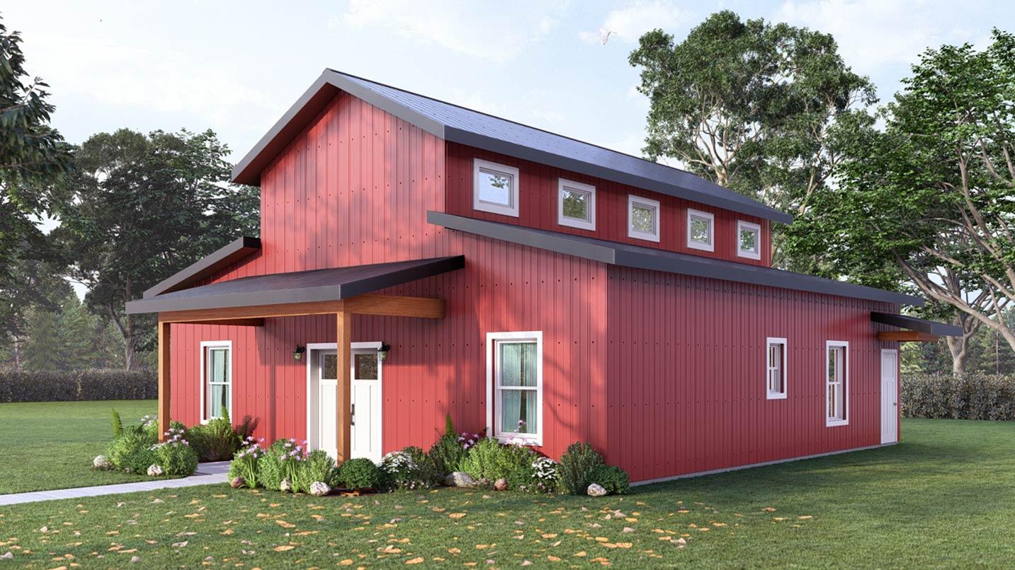 Red barn-style house plan exterior with a covered porch, gable roof, and dormer windows.