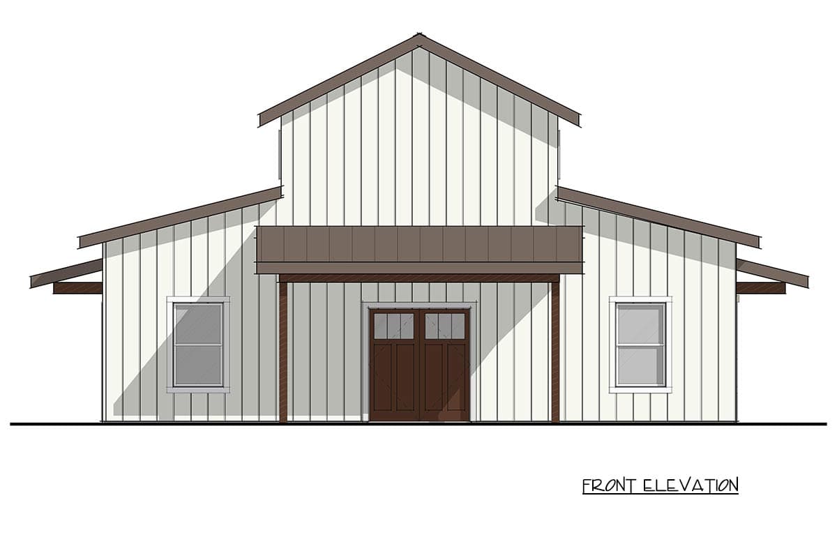 Front elevation of a two-story Modern Farmhouse plan with board and batten siding, metal roof accents, and a covered entry.