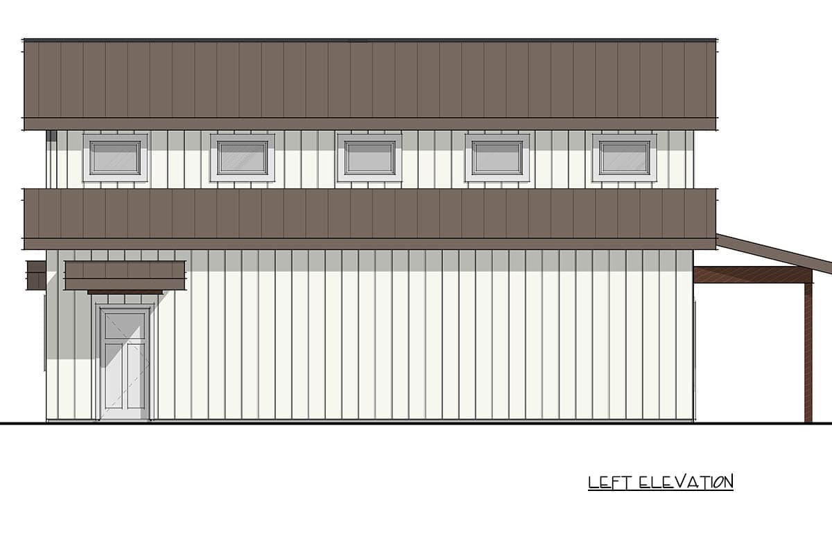 Left elevation drawing of a two-story house plan with vertical siding, five second-story windows, and a covered entryway.