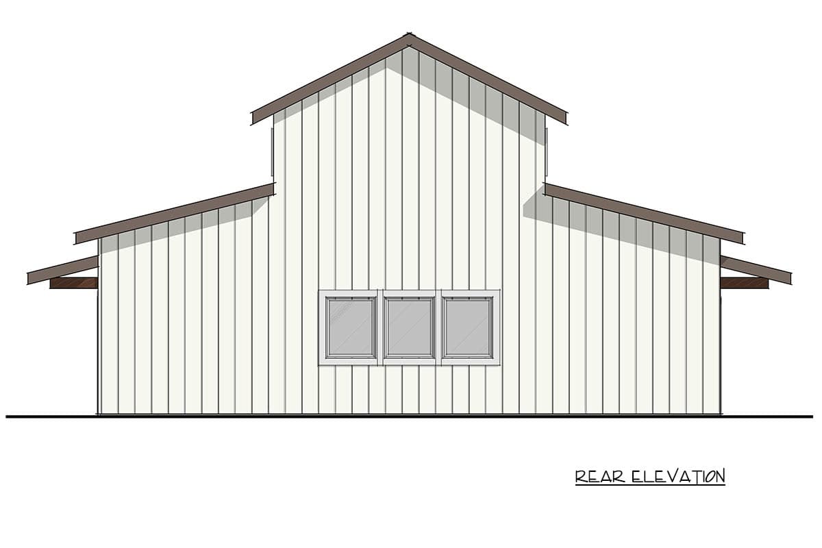 Rear elevation of a house plan, featuring vertical siding, a prominent gable, and a triple-window unit.
