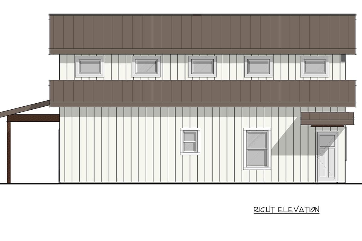 Right elevation drawing of a two-story house plan with vertical siding, multiple windows, and a balcony.