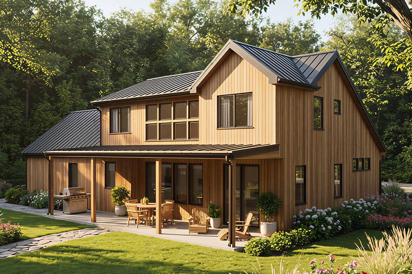 Modern two-story house plan exterior with wood siding, metal roof, covered porch, and large windows.