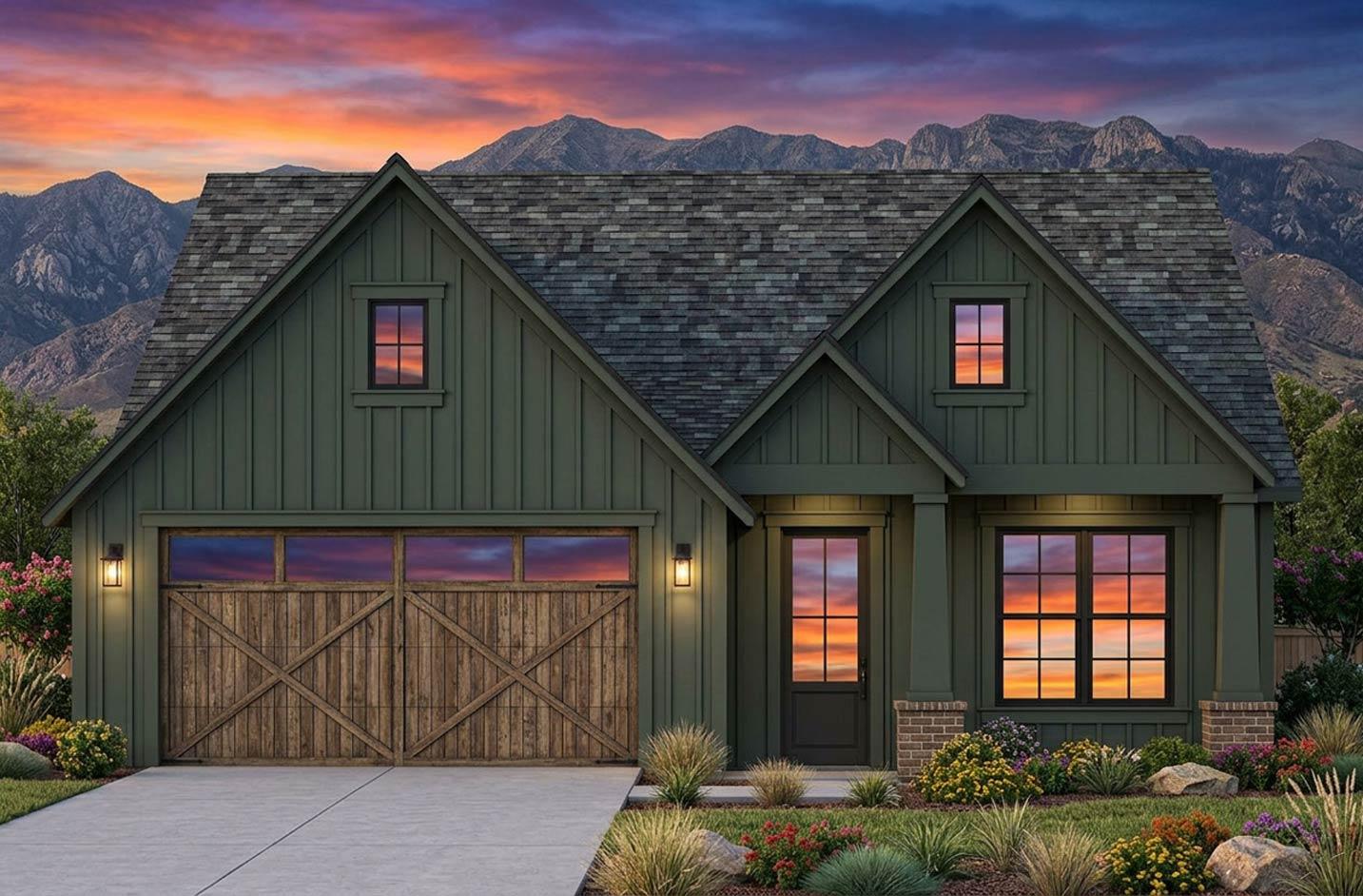 Modern Farmhouse house plan exterior with board and batten siding, steep gables, a prominent dormer, and a large wooden garage door.