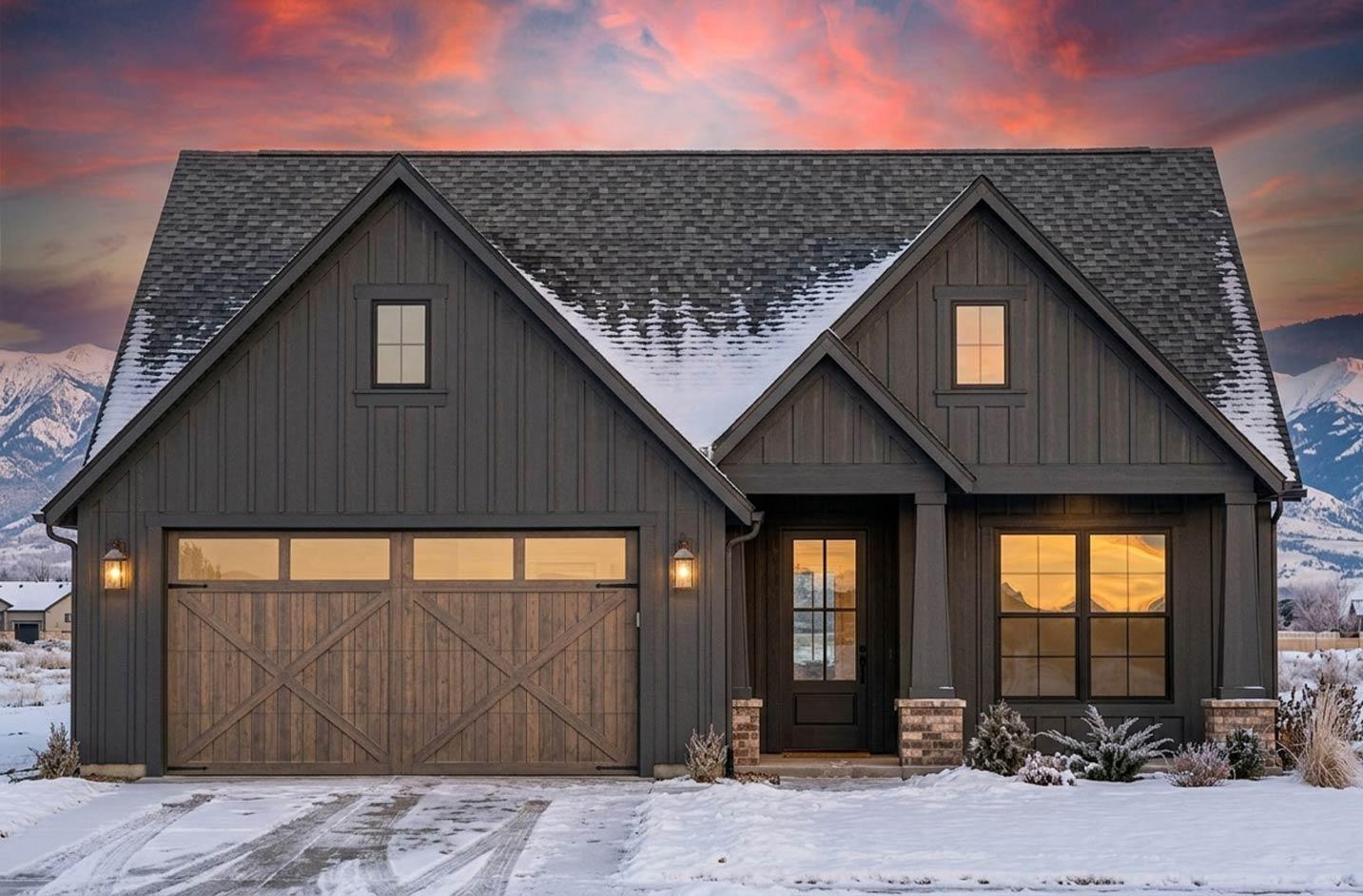 House plan exterior: Modern Farmhouse style, one-story, with board-and-batten siding, a prominent gable, and a two-car garage.