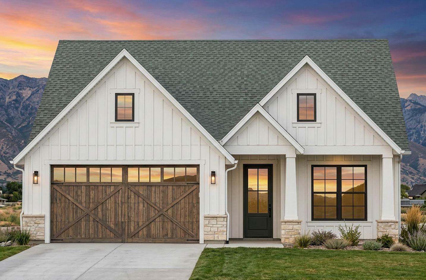 Modern Farmhouse house plan exterior with board and batten siding, gable dormers, stone accents, and a large wooden garage door.