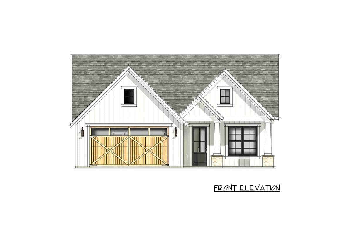 Front elevation of a one-story house plan featuring gabled roofs, board and batten siding, a two-car garage with barn doors, and a covered entry.