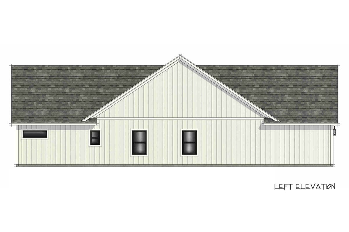Left elevation drawing of a single-story house with gabled roof, board-and-batten siding, and three windows.