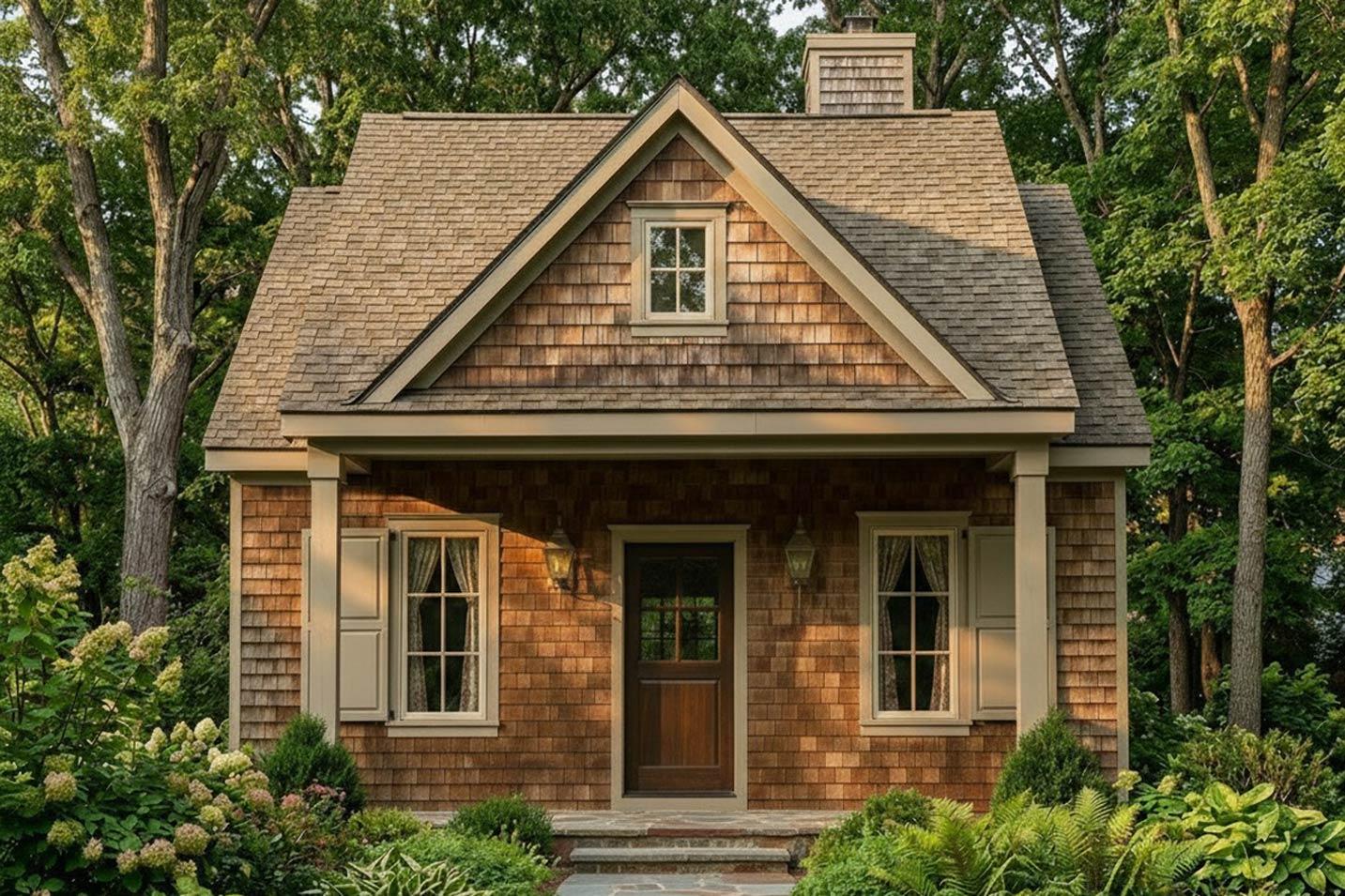 Cottage house plan exterior with cedar shingles, gable dormer, central door, and surrounding greenery.