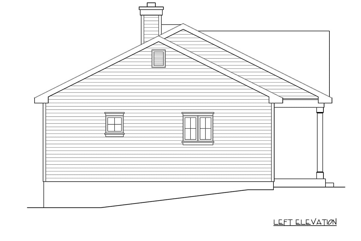 Left elevation drawing of a house plan showing siding, a prominent gable roofline, chimney, dormer, and covered porch.