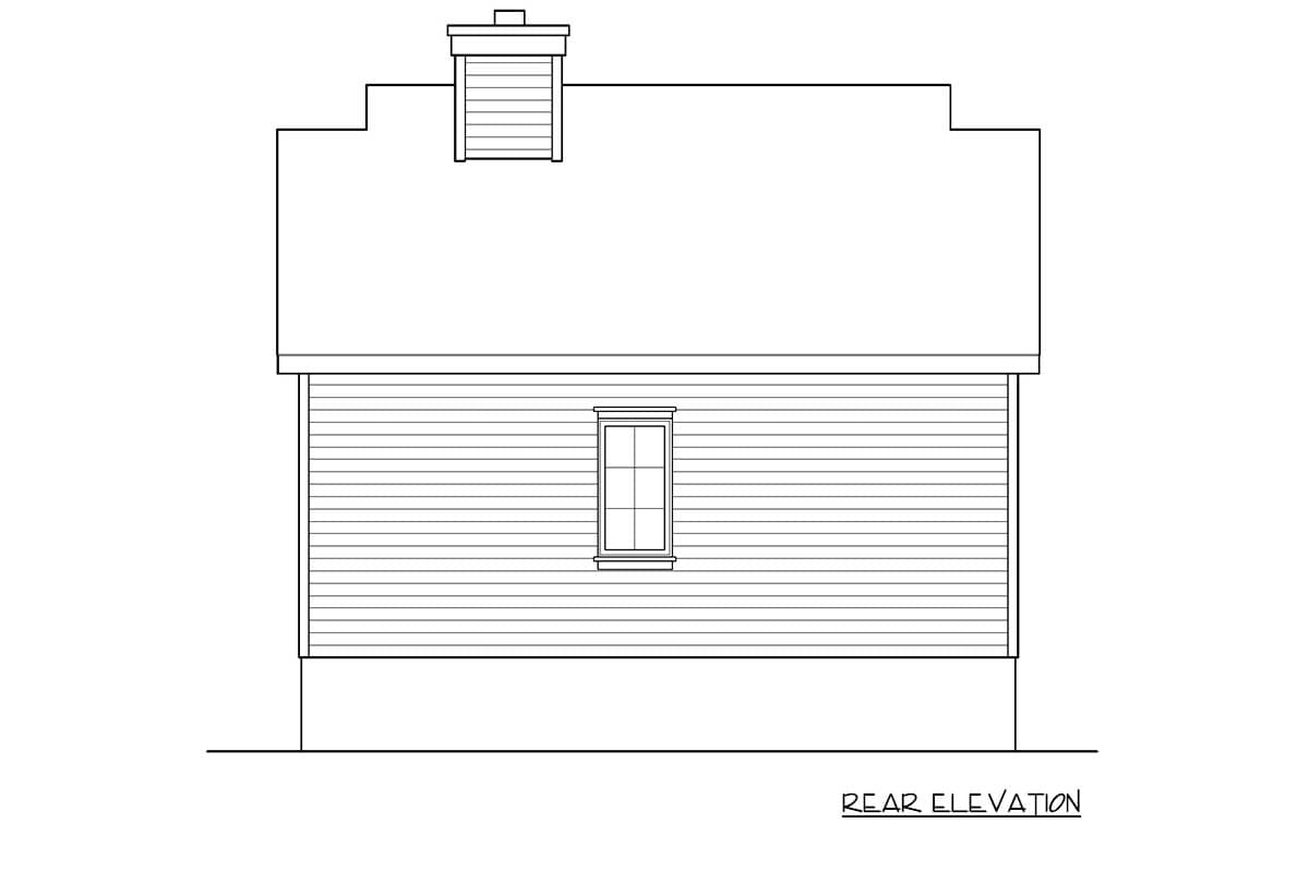 Rear elevation drawing of a house plan featuring horizontal siding, one window, and a chimney.