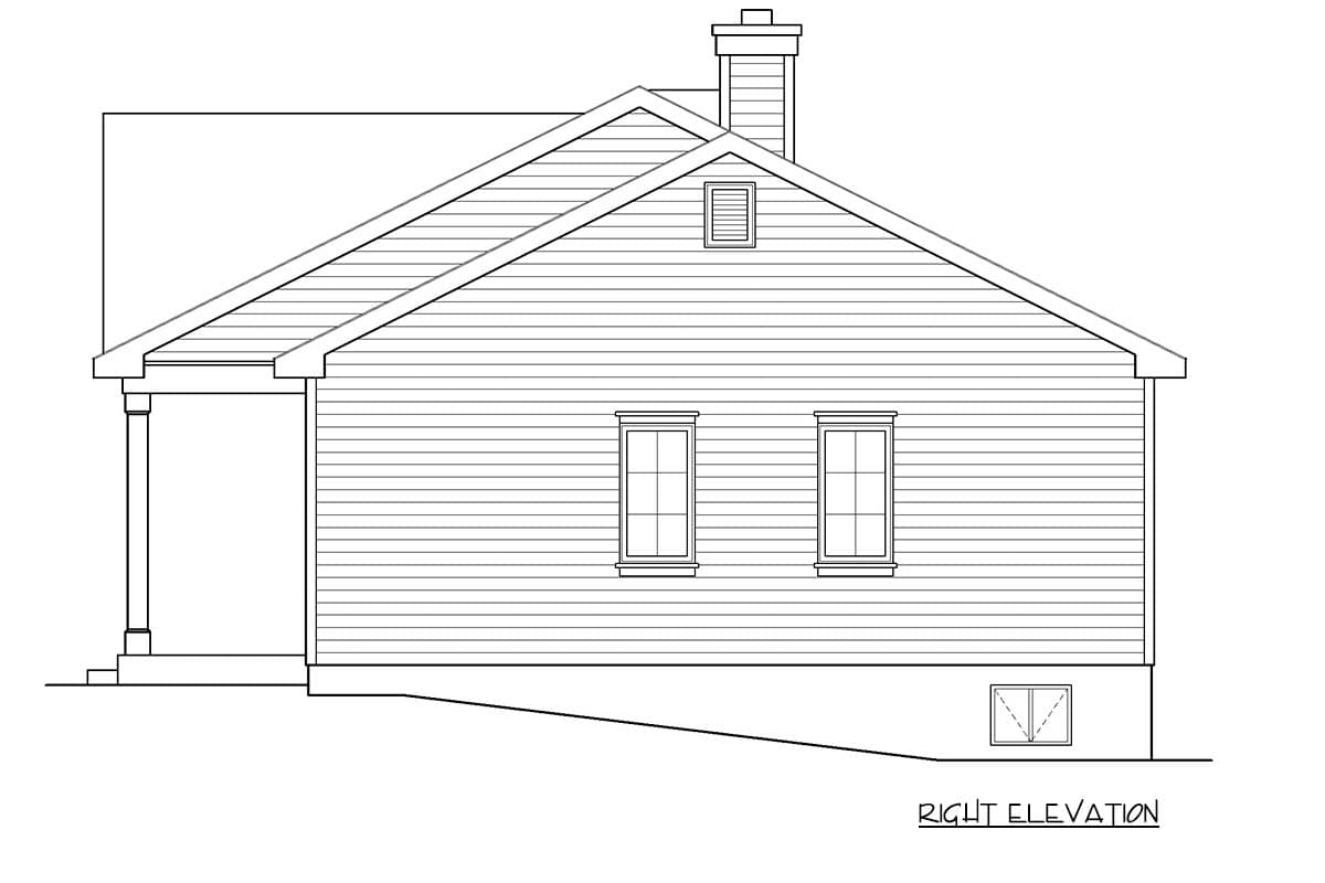 Right elevation house plan drawing showing a side view with a pitched roof, gabled dormer, chimney, and covered porch.