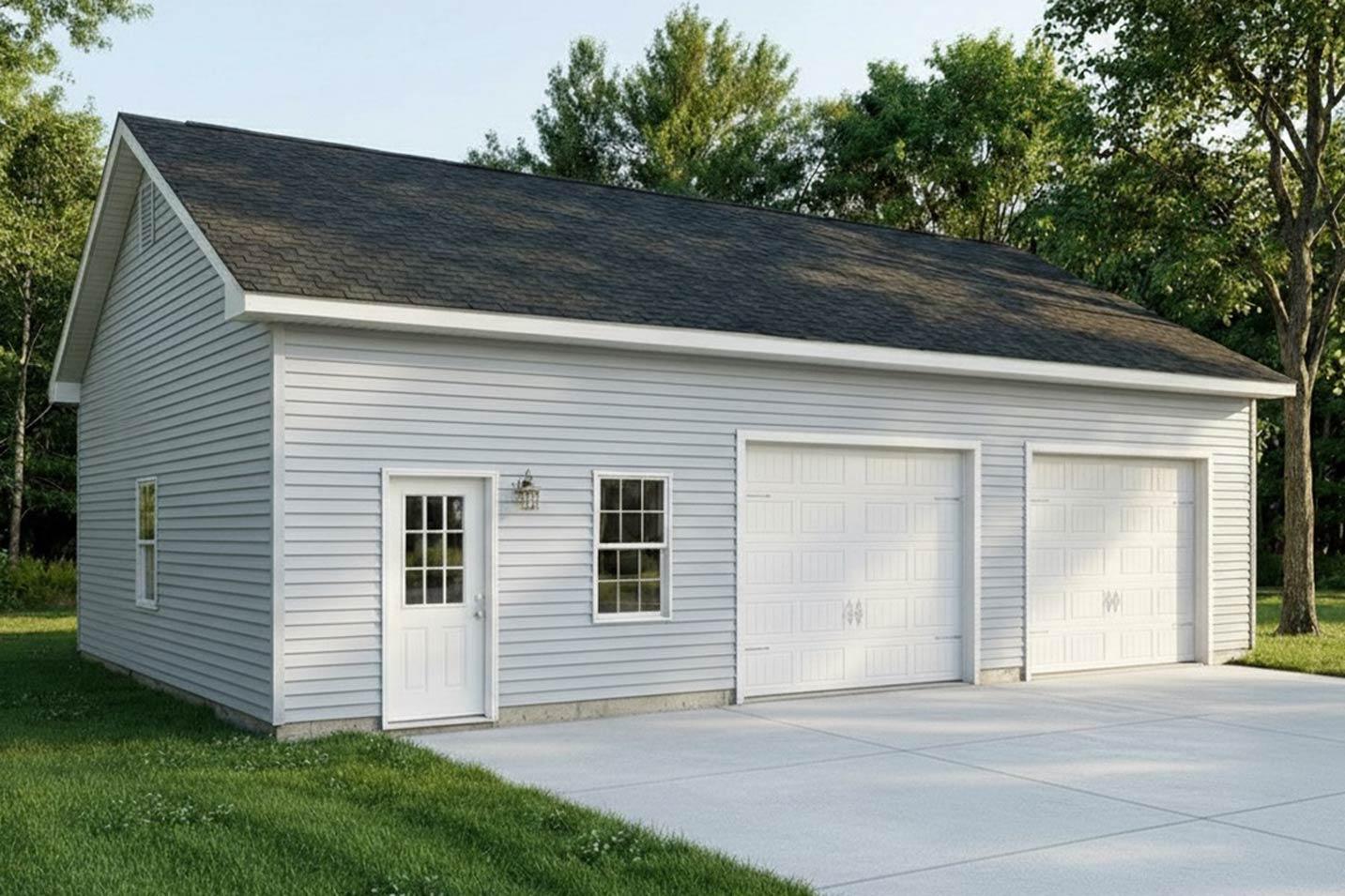 House plan exterior of a two-car garage with a side door, two windows, and a gable roof.