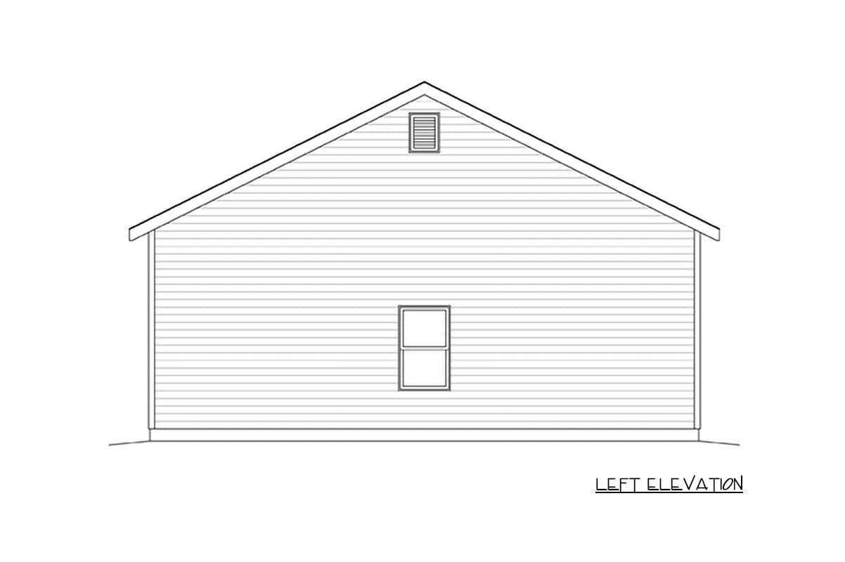 Left elevation drawing of a house plan showing horizontal siding, a central window, and a gable vent under a pitched roof.