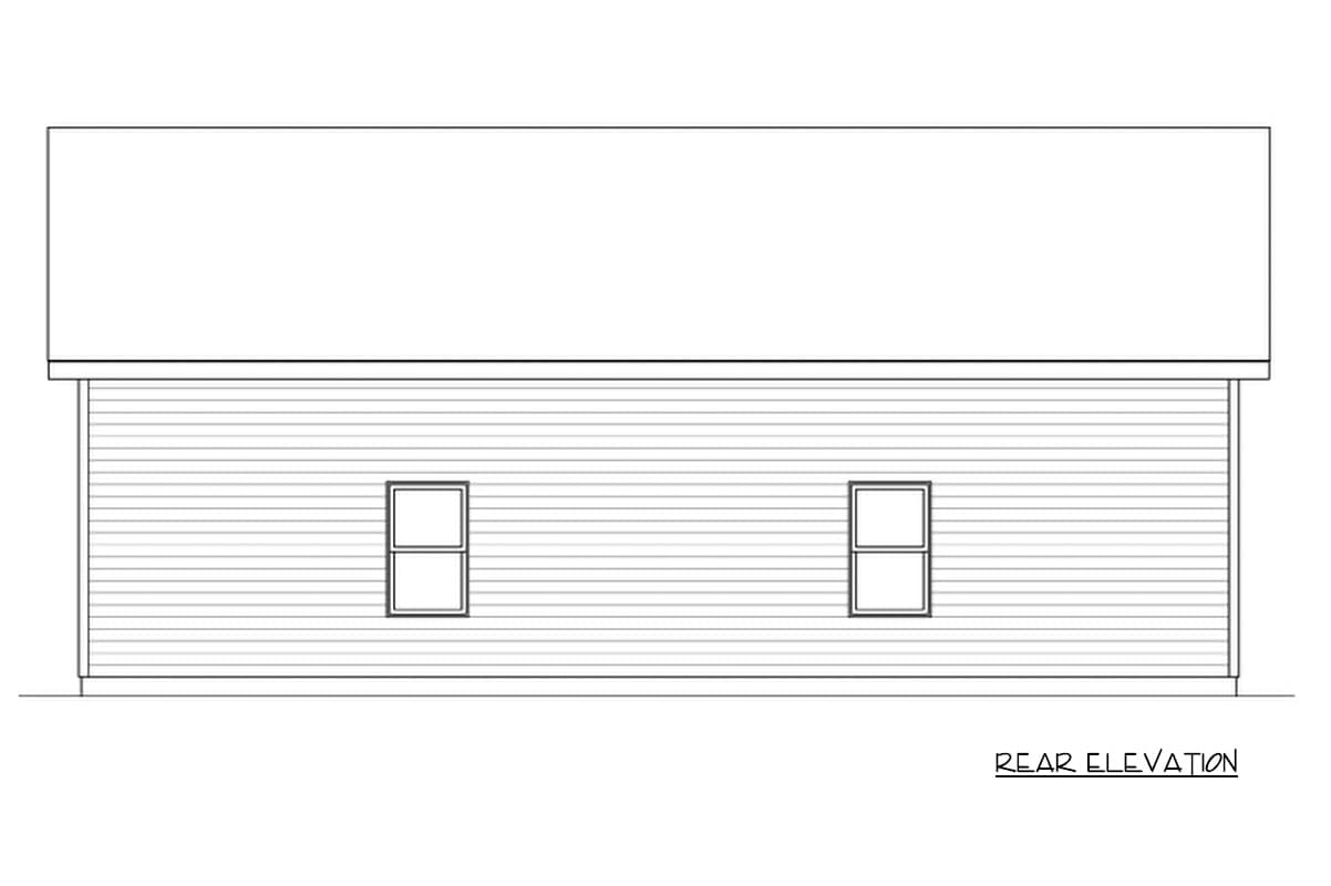 Rear elevation drawing of a house plan showing horizontal siding and two evenly spaced windows.