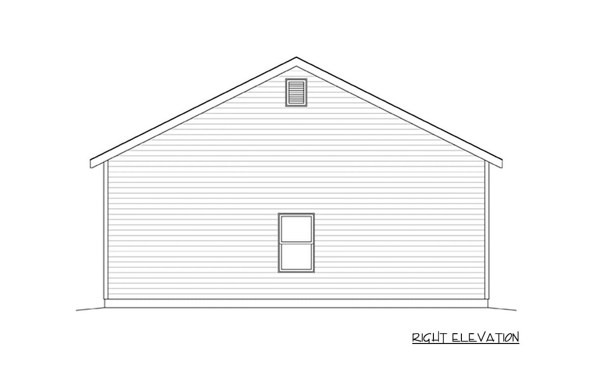 Right elevation drawing of a house plan with horizontal siding, a gable roof, one window, and a gable vent.