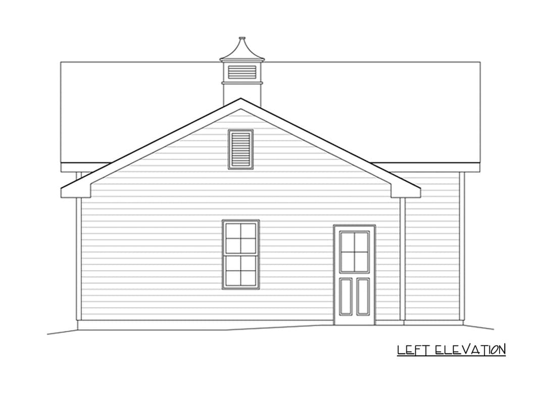 House plan left elevation drawing with double-pane door, double-hung window, gable vent, and cupola.
