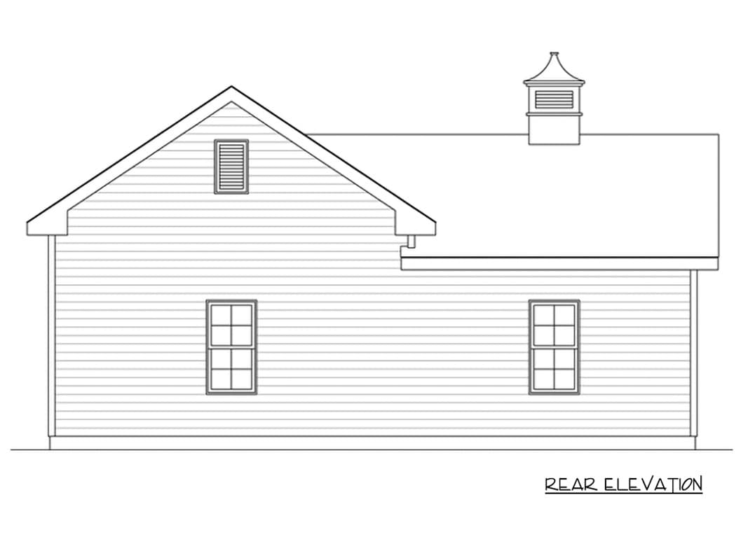 Rear elevation drawing of a one-and-a-half story house with horizontal siding, a gable roof, and a cupola.